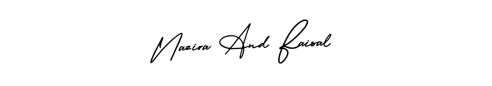 You should practise on your own different ways (AmerikaSignatureDemo-Regular) to write your name (Nazira And Faisal) in signature. don't let someone else do it for you. Nazira And Faisal signature style 3 images and pictures png