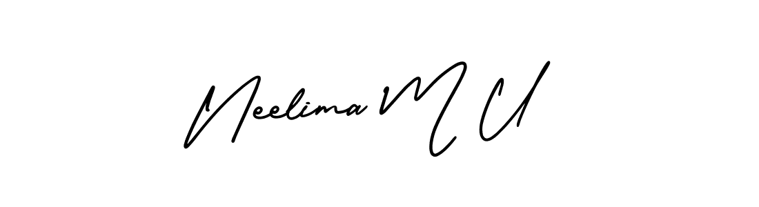 You should practise on your own different ways (AmerikaSignatureDemo-Regular) to write your name (Neelima M U) in signature. don't let someone else do it for you. Neelima M U signature style 3 images and pictures png