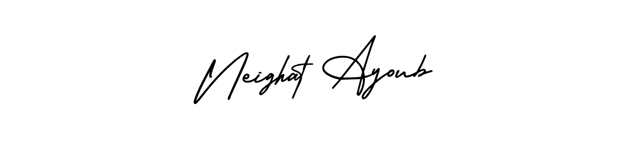 You should practise on your own different ways (AmerikaSignatureDemo-Regular) to write your name (Neighat Ayoub) in signature. don't let someone else do it for you. Neighat Ayoub signature style 3 images and pictures png