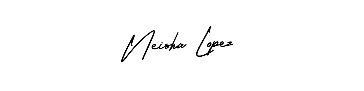 You should practise on your own different ways (AmerikaSignatureDemo-Regular) to write your name (Neisha Lopez) in signature. don't let someone else do it for you. Neisha Lopez signature style 3 images and pictures png