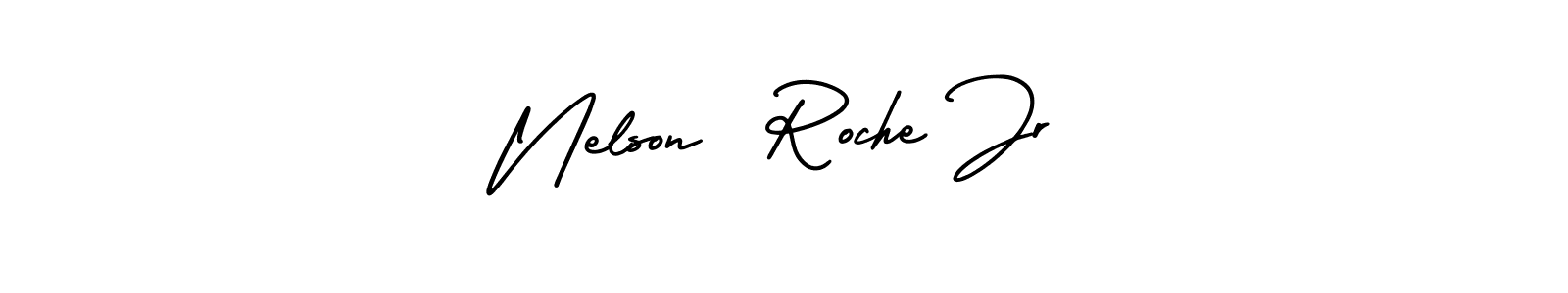 You should practise on your own different ways (AmerikaSignatureDemo-Regular) to write your name (Nelson  Roche Jr) in signature. don't let someone else do it for you. Nelson  Roche Jr signature style 3 images and pictures png
