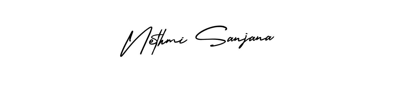 You should practise on your own different ways (AmerikaSignatureDemo-Regular) to write your name (Nethmi Sanjana) in signature. don't let someone else do it for you. Nethmi Sanjana signature style 3 images and pictures png