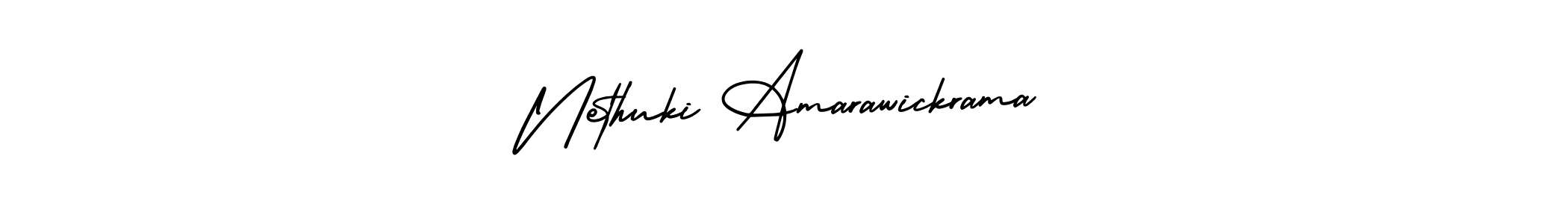 You should practise on your own different ways (AmerikaSignatureDemo-Regular) to write your name (Nethuki Amarawickrama) in signature. don't let someone else do it for you. Nethuki Amarawickrama signature style 3 images and pictures png