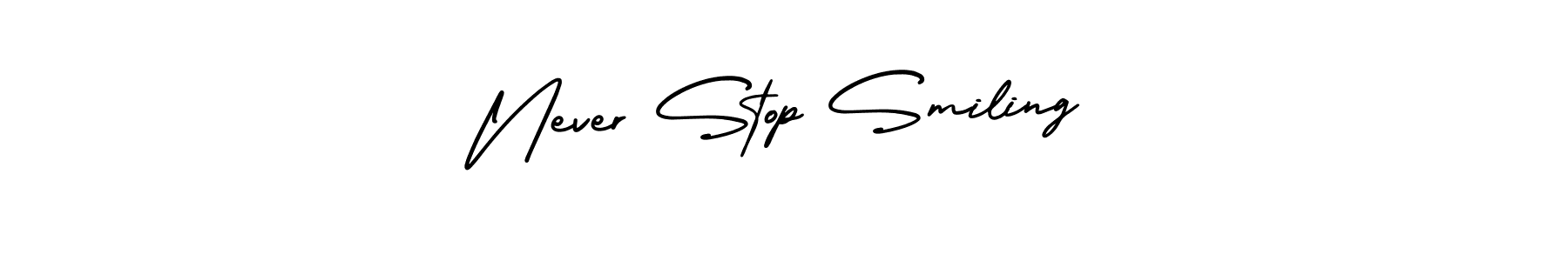 How to make Never Stop Smiling signature? AmerikaSignatureDemo-Regular is a professional autograph style. Create handwritten signature for Never Stop Smiling name. Never Stop Smiling signature style 3 images and pictures png