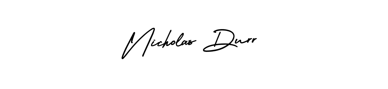 You should practise on your own different ways (AmerikaSignatureDemo-Regular) to write your name (Nicholas Durr) in signature. don't let someone else do it for you. Nicholas Durr signature style 3 images and pictures png