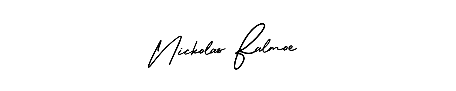 You should practise on your own different ways (AmerikaSignatureDemo-Regular) to write your name (Nickolas Falmoe) in signature. don't let someone else do it for you. Nickolas Falmoe signature style 3 images and pictures png