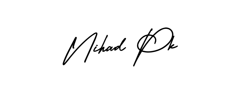You should practise on your own different ways (AmerikaSignatureDemo-Regular) to write your name (Nihad Pk) in signature. don't let someone else do it for you. Nihad Pk signature style 3 images and pictures png