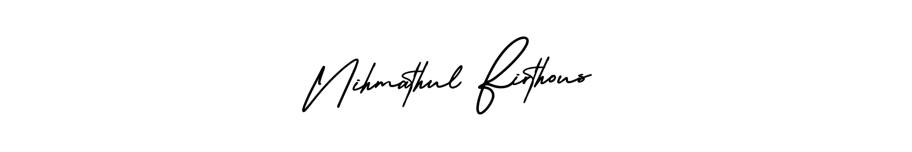 Make a short Nihmathul Firthous signature style. Manage your documents anywhere anytime using AmerikaSignatureDemo-Regular. Create and add eSignatures, submit forms, share and send files easily. Nihmathul Firthous signature style 3 images and pictures png