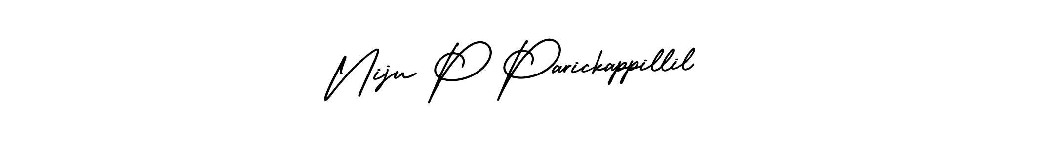 You should practise on your own different ways (AmerikaSignatureDemo-Regular) to write your name (Niju P Parickappillil) in signature. don't let someone else do it for you. Niju P Parickappillil signature style 3 images and pictures png