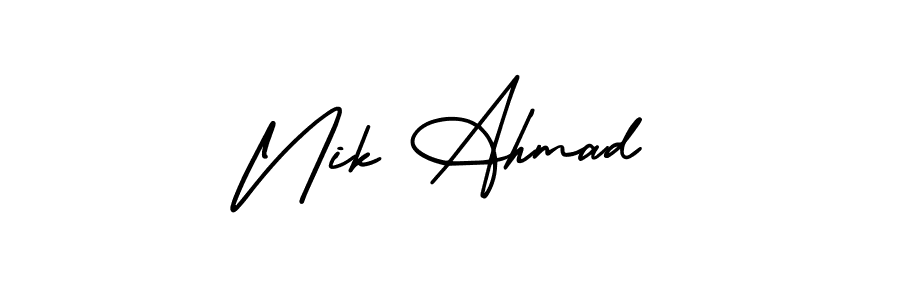 Make a short Nik Ahmad signature style. Manage your documents anywhere anytime using AmerikaSignatureDemo-Regular. Create and add eSignatures, submit forms, share and send files easily. Nik Ahmad signature style 3 images and pictures png