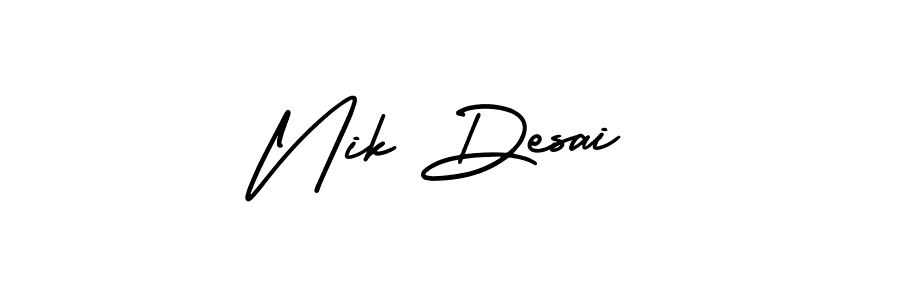 You should practise on your own different ways (AmerikaSignatureDemo-Regular) to write your name (Nik Desai) in signature. don't let someone else do it for you. Nik Desai signature style 3 images and pictures png