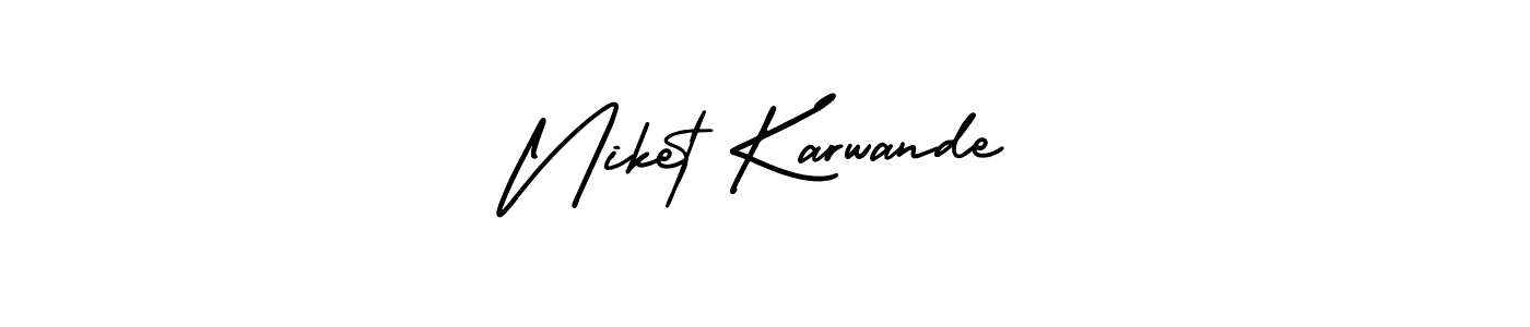 You should practise on your own different ways (AmerikaSignatureDemo-Regular) to write your name (Niket Karwande) in signature. don't let someone else do it for you. Niket Karwande signature style 3 images and pictures png