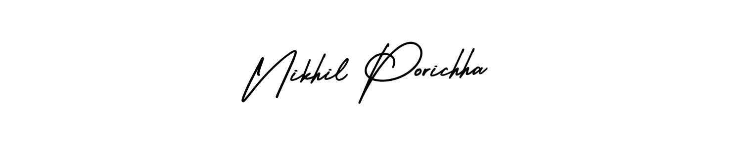 You should practise on your own different ways (AmerikaSignatureDemo-Regular) to write your name (Nikhil Porichha) in signature. don't let someone else do it for you. Nikhil Porichha signature style 3 images and pictures png