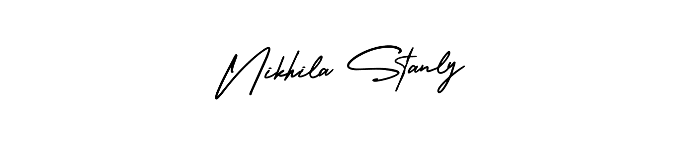 The best way (AmerikaSignatureDemo-Regular) to make a short signature is to pick only two or three words in your name. The name Nikhila Stanly include a total of six letters. For converting this name. Nikhila Stanly signature style 3 images and pictures png