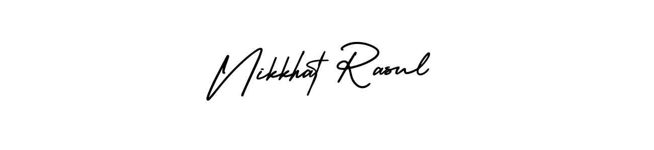 You should practise on your own different ways (AmerikaSignatureDemo-Regular) to write your name (Nikkhat Rasul) in signature. don't let someone else do it for you. Nikkhat Rasul signature style 3 images and pictures png