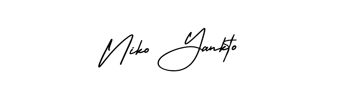You should practise on your own different ways (AmerikaSignatureDemo-Regular) to write your name (Niko Yankto) in signature. don't let someone else do it for you. Niko Yankto signature style 3 images and pictures png