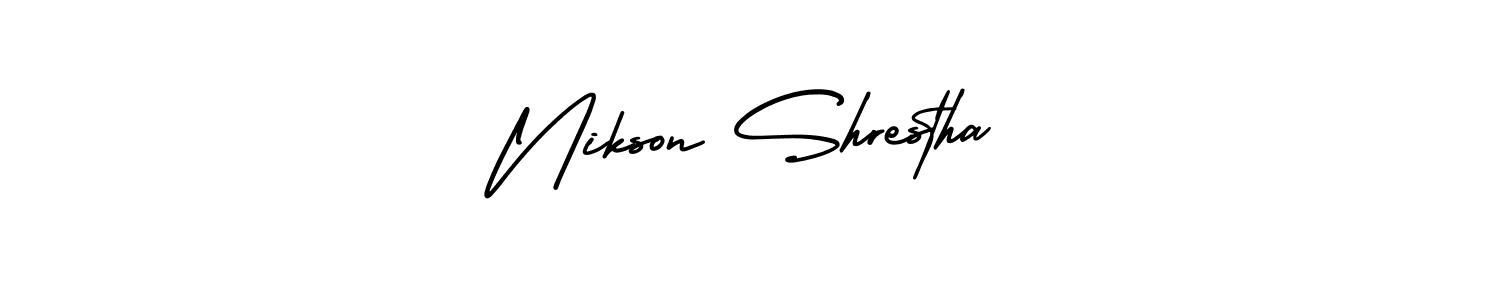 You should practise on your own different ways (AmerikaSignatureDemo-Regular) to write your name (Nikson Shrestha) in signature. don't let someone else do it for you. Nikson Shrestha signature style 3 images and pictures png