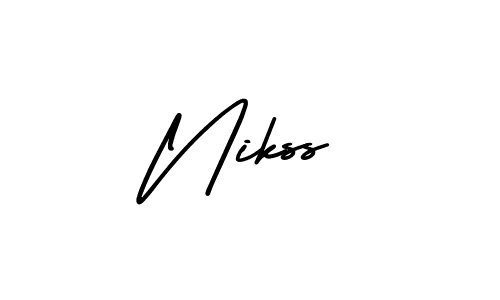 You should practise on your own different ways (AmerikaSignatureDemo-Regular) to write your name (Nikss) in signature. don't let someone else do it for you. Nikss signature style 3 images and pictures png