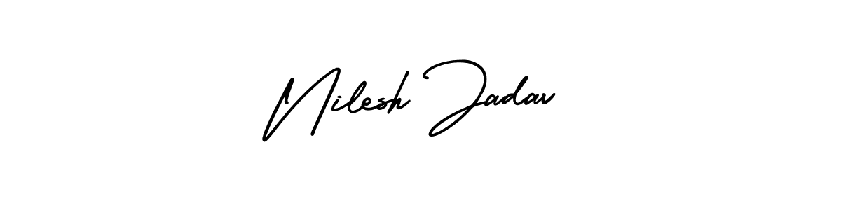 You should practise on your own different ways (AmerikaSignatureDemo-Regular) to write your name (Nilesh Jadav) in signature. don't let someone else do it for you. Nilesh Jadav signature style 3 images and pictures png