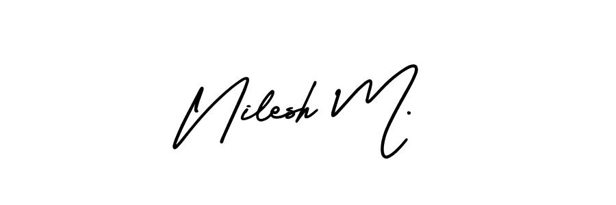 You should practise on your own different ways (AmerikaSignatureDemo-Regular) to write your name (Nilesh M.) in signature. don't let someone else do it for you. Nilesh M. signature style 3 images and pictures png