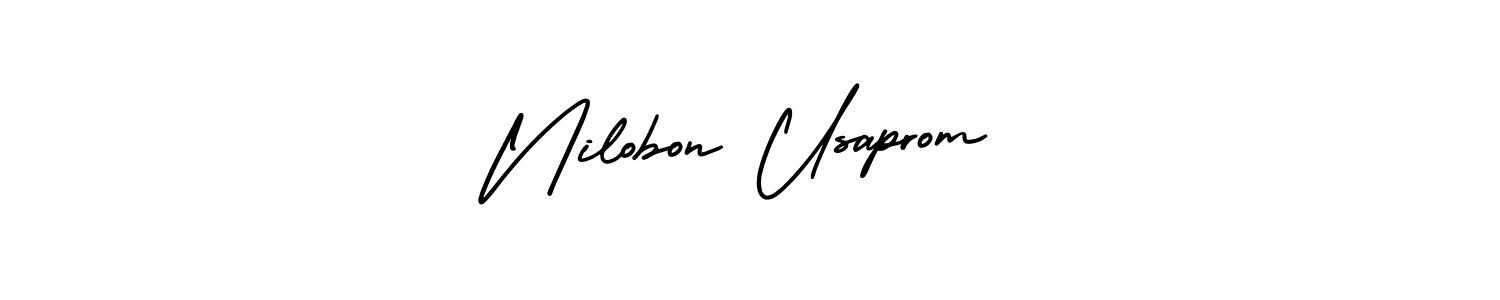 You should practise on your own different ways (AmerikaSignatureDemo-Regular) to write your name (Nilobon Usaprom) in signature. don't let someone else do it for you. Nilobon Usaprom signature style 3 images and pictures png