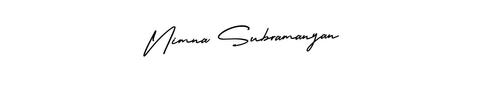 You should practise on your own different ways (AmerikaSignatureDemo-Regular) to write your name (Nimna Subramanyan) in signature. don't let someone else do it for you. Nimna Subramanyan signature style 3 images and pictures png