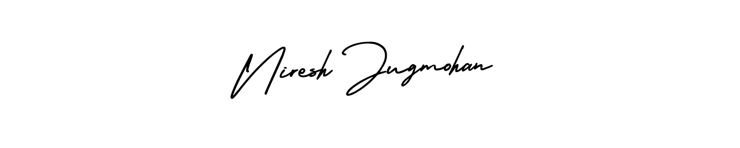 You should practise on your own different ways (AmerikaSignatureDemo-Regular) to write your name (Niresh Jugmohan) in signature. don't let someone else do it for you. Niresh Jugmohan signature style 3 images and pictures png
