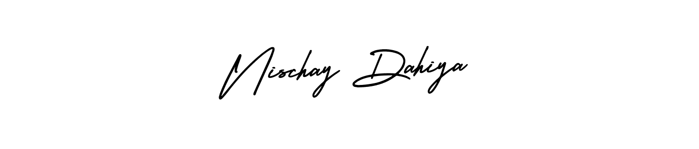 You should practise on your own different ways (AmerikaSignatureDemo-Regular) to write your name (Nischay Dahiya) in signature. don't let someone else do it for you. Nischay Dahiya signature style 3 images and pictures png