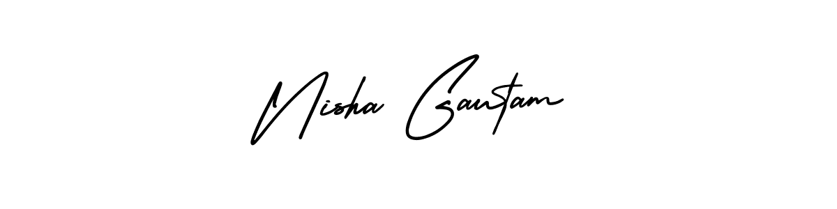 You should practise on your own different ways (AmerikaSignatureDemo-Regular) to write your name (Nisha Gautam) in signature. don't let someone else do it for you. Nisha Gautam signature style 3 images and pictures png