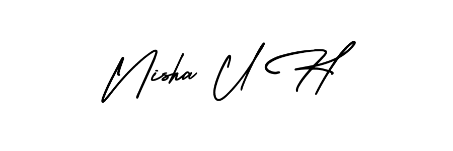You should practise on your own different ways (AmerikaSignatureDemo-Regular) to write your name (Nisha U H) in signature. don't let someone else do it for you. Nisha U H signature style 3 images and pictures png