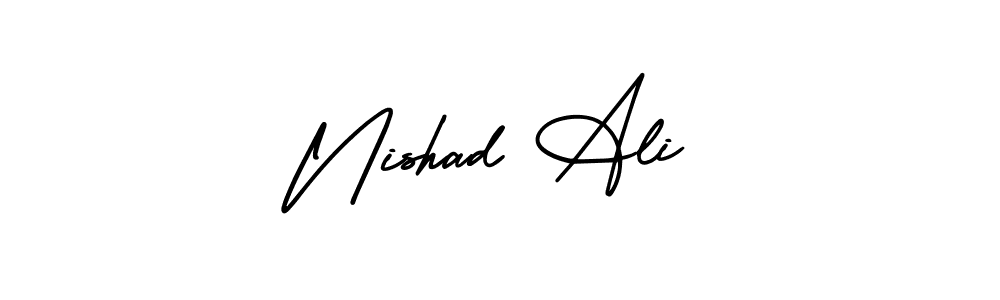 You should practise on your own different ways (AmerikaSignatureDemo-Regular) to write your name (Nishad Ali) in signature. don't let someone else do it for you. Nishad Ali signature style 3 images and pictures png
