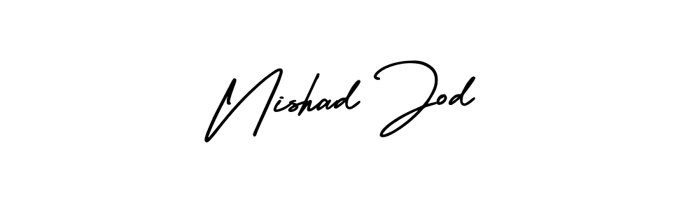 You should practise on your own different ways (AmerikaSignatureDemo-Regular) to write your name (Nishad Jod) in signature. don't let someone else do it for you. Nishad Jod signature style 3 images and pictures png