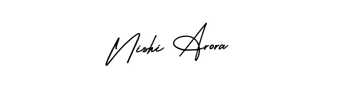 You should practise on your own different ways (AmerikaSignatureDemo-Regular) to write your name (Nishi Arora) in signature. don't let someone else do it for you. Nishi Arora signature style 3 images and pictures png