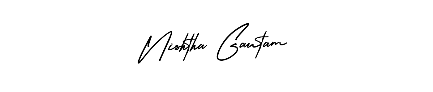 You should practise on your own different ways (AmerikaSignatureDemo-Regular) to write your name (Nishtha Gautam) in signature. don't let someone else do it for you. Nishtha Gautam signature style 3 images and pictures png