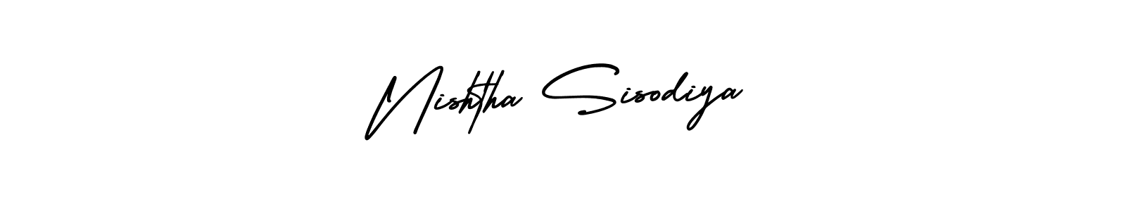 You should practise on your own different ways (AmerikaSignatureDemo-Regular) to write your name (Nishtha Sisodiya) in signature. don't let someone else do it for you. Nishtha Sisodiya signature style 3 images and pictures png