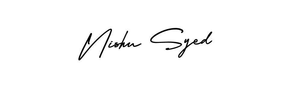 This is the best signature style for the Nishu Syed name. Also you like these signature font (AmerikaSignatureDemo-Regular). Mix name signature. Nishu Syed signature style 3 images and pictures png