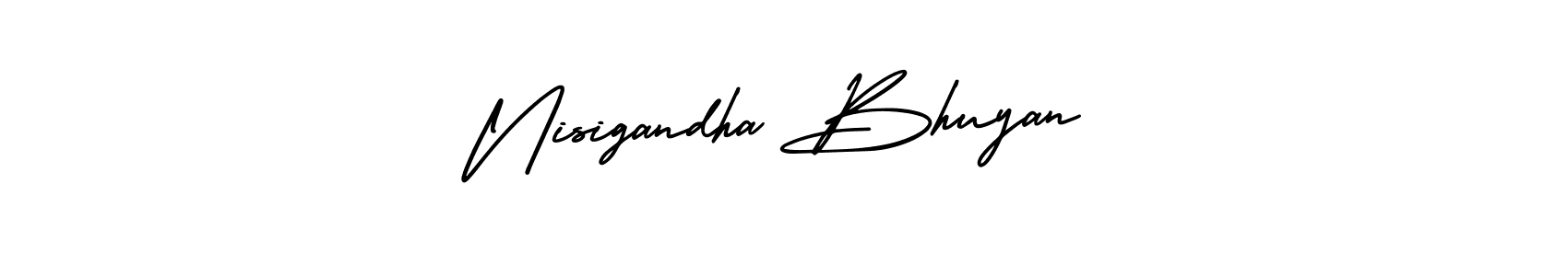 You should practise on your own different ways (AmerikaSignatureDemo-Regular) to write your name (Nisigandha Bhuyan) in signature. don't let someone else do it for you. Nisigandha Bhuyan signature style 3 images and pictures png