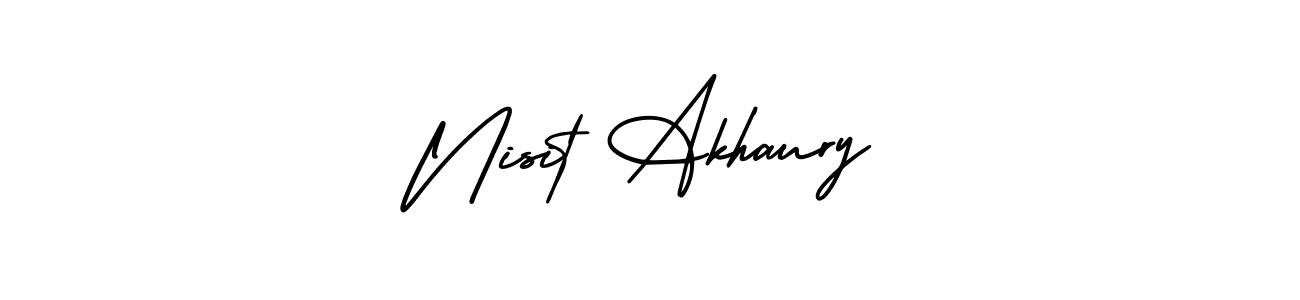 You should practise on your own different ways (AmerikaSignatureDemo-Regular) to write your name (Nisit Akhaury) in signature. don't let someone else do it for you. Nisit Akhaury signature style 3 images and pictures png