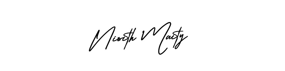 You should practise on your own different ways (AmerikaSignatureDemo-Regular) to write your name (Nisith Maity) in signature. don't let someone else do it for you. Nisith Maity signature style 3 images and pictures png