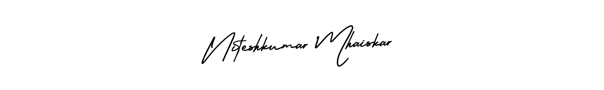 You should practise on your own different ways (AmerikaSignatureDemo-Regular) to write your name (Niteshkumar Mhaiskar) in signature. don't let someone else do it for you. Niteshkumar Mhaiskar signature style 3 images and pictures png