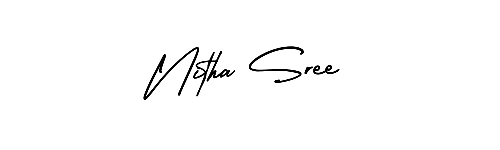 You should practise on your own different ways (AmerikaSignatureDemo-Regular) to write your name (Nitha Sree) in signature. don't let someone else do it for you. Nitha Sree signature style 3 images and pictures png