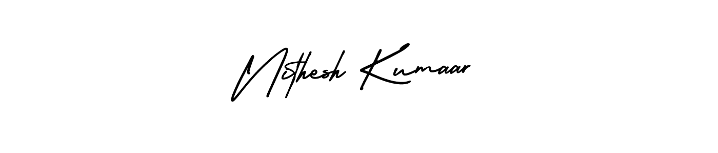 The best way (AmerikaSignatureDemo-Regular) to make a short signature is to pick only two or three words in your name. The name Nithesh Kumaar include a total of six letters. For converting this name. Nithesh Kumaar signature style 3 images and pictures png