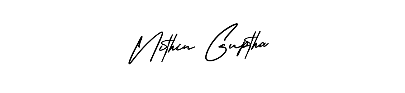 You should practise on your own different ways (AmerikaSignatureDemo-Regular) to write your name (Nithin Guptha) in signature. don't let someone else do it for you. Nithin Guptha signature style 3 images and pictures png