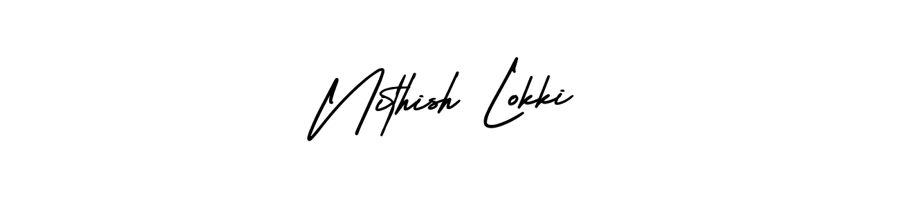 You should practise on your own different ways (AmerikaSignatureDemo-Regular) to write your name (Nithish Lokki) in signature. don't let someone else do it for you. Nithish Lokki signature style 3 images and pictures png