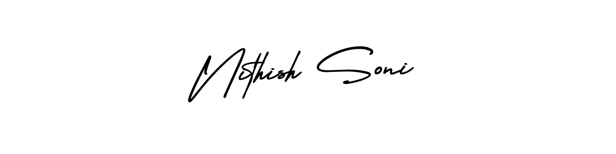 You should practise on your own different ways (AmerikaSignatureDemo-Regular) to write your name (Nithish Soni) in signature. don't let someone else do it for you. Nithish Soni signature style 3 images and pictures png