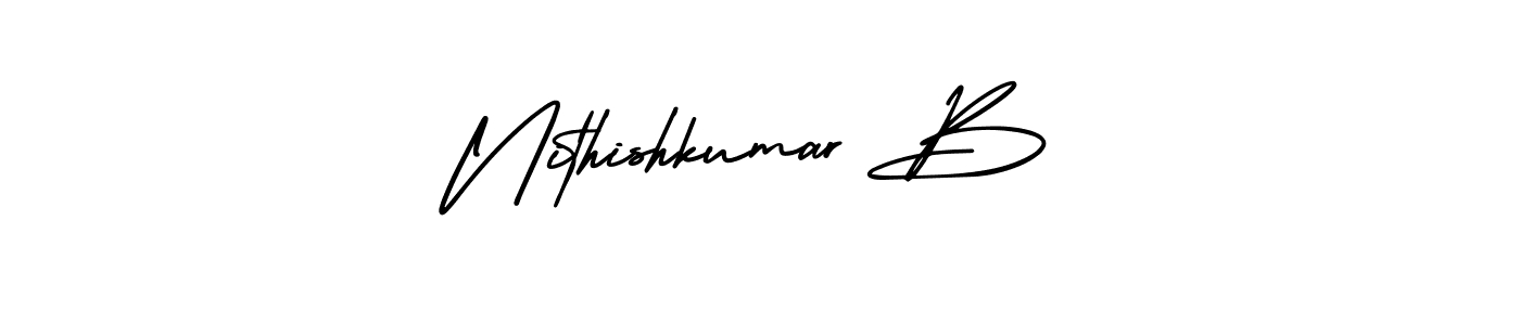 This is the best signature style for the Nithishkumar B name. Also you like these signature font (AmerikaSignatureDemo-Regular). Mix name signature. Nithishkumar B signature style 3 images and pictures png