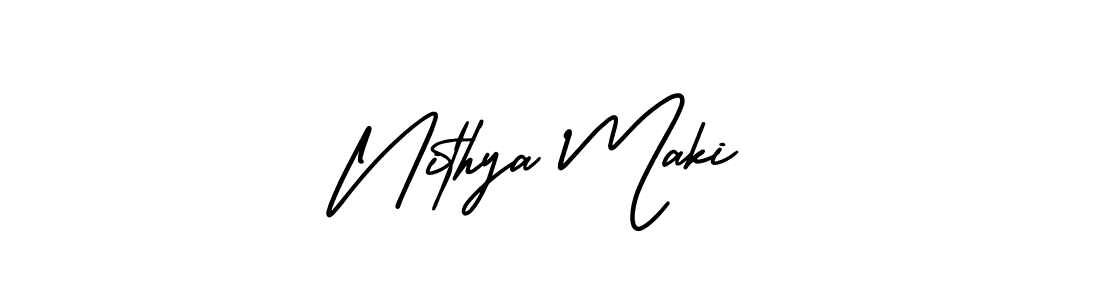 You should practise on your own different ways (AmerikaSignatureDemo-Regular) to write your name (Nithya Maki) in signature. don't let someone else do it for you. Nithya Maki signature style 3 images and pictures png