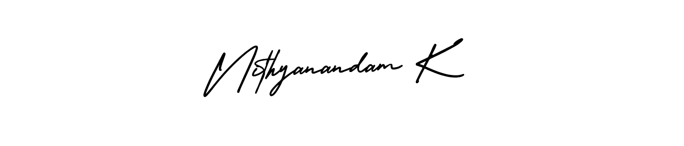 You should practise on your own different ways (AmerikaSignatureDemo-Regular) to write your name (Nithyanandam K) in signature. don't let someone else do it for you. Nithyanandam K signature style 3 images and pictures png