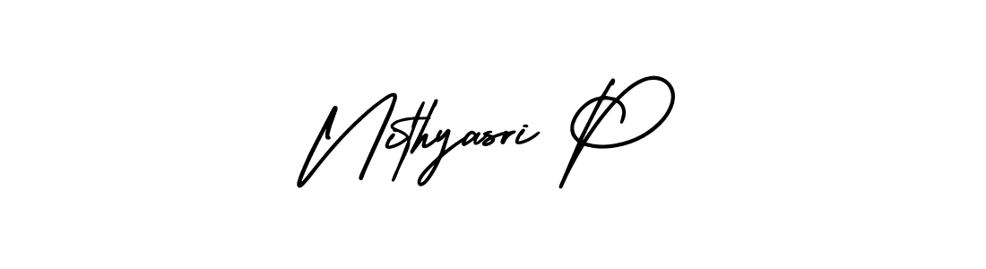 You should practise on your own different ways (AmerikaSignatureDemo-Regular) to write your name (Nithyasri P) in signature. don't let someone else do it for you. Nithyasri P signature style 3 images and pictures png