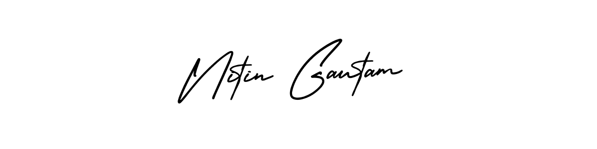 You should practise on your own different ways (AmerikaSignatureDemo-Regular) to write your name (Nitin Gautam) in signature. don't let someone else do it for you. Nitin Gautam signature style 3 images and pictures png